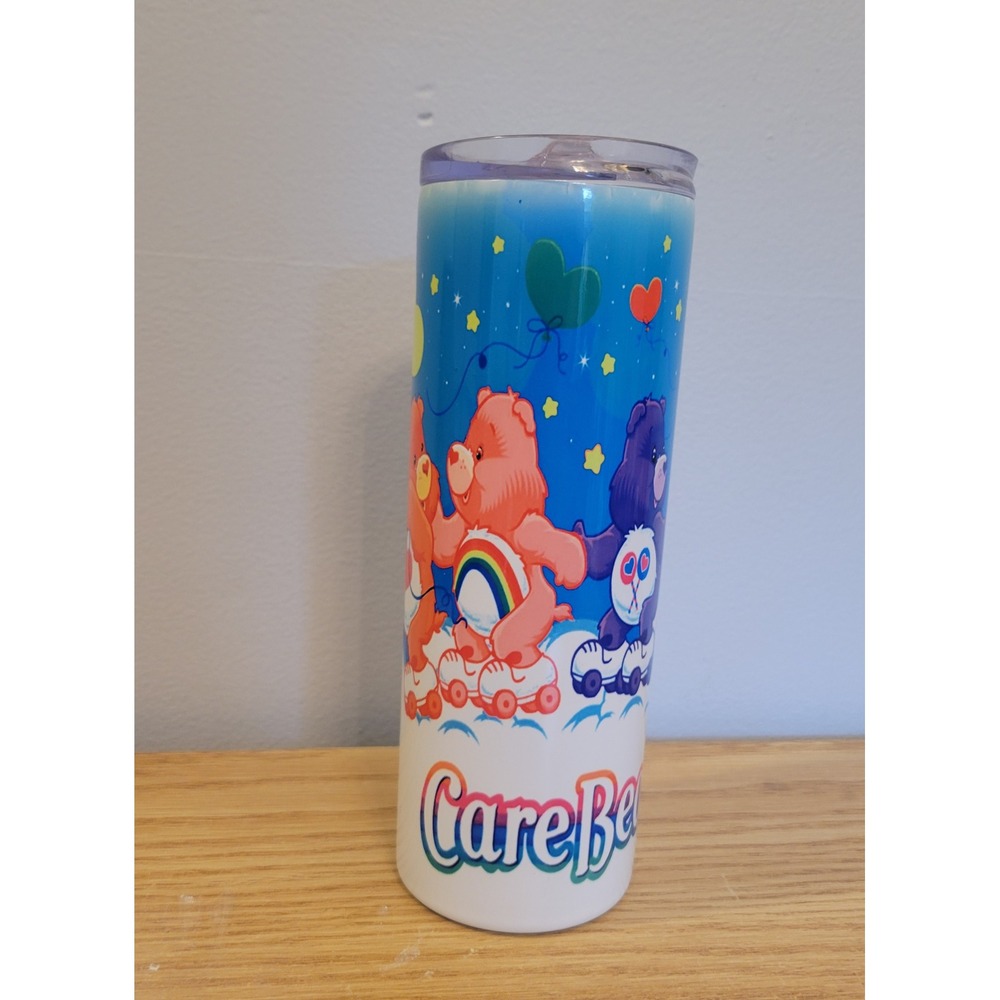 Retro Care Bears Roller Skating 20oz Skinny Tumbler Blue White 8in Travel Mug
